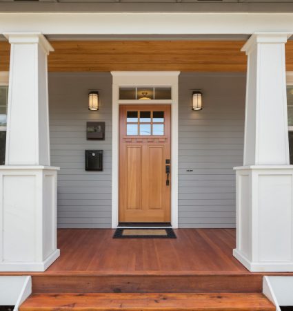 Covered porch and front door of beautiful new home