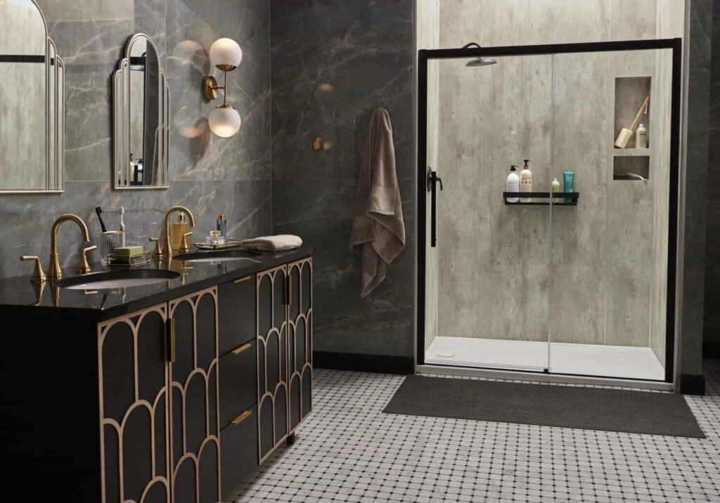 walk-in shower with glass doors; new vanity