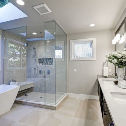 freestanding tub, glass shower enclosure, premium vanity in bathroom remodel